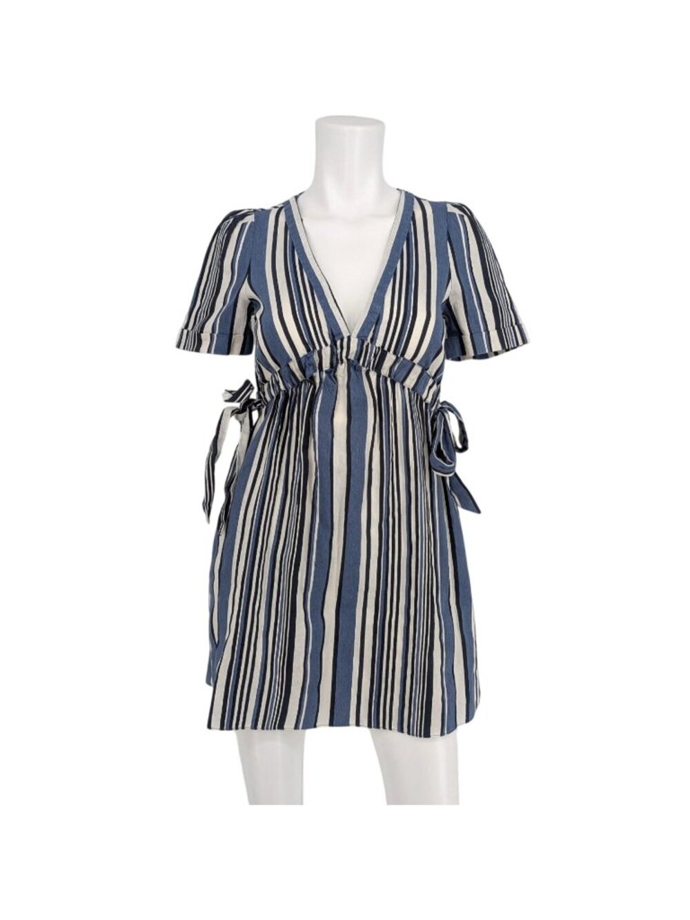 Striped Mini Babydoll Dress Pockets Side Tie Coastal Cottage Resort Boho XSmall